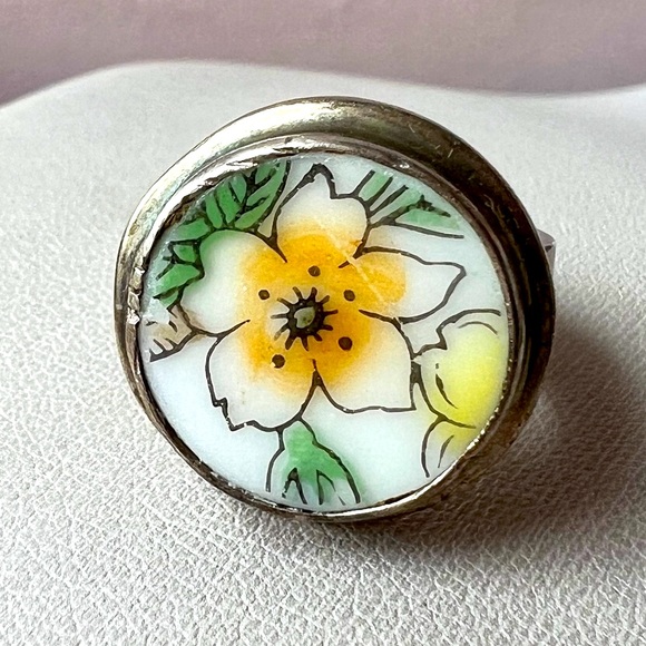 VINTAGE DESIGNER J.LEE JESSICA LEE 925SS CERAMIC FLOWER PAINTING RING HALLMARKED - Picture 2 of 16